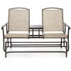 Brown 2-Seater Outdoor Mesh Double Glider Tempered Glass Attached Center Table