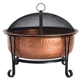 Hammered Copper Fire Pit with Wrought Iron Stand and Spark Screen